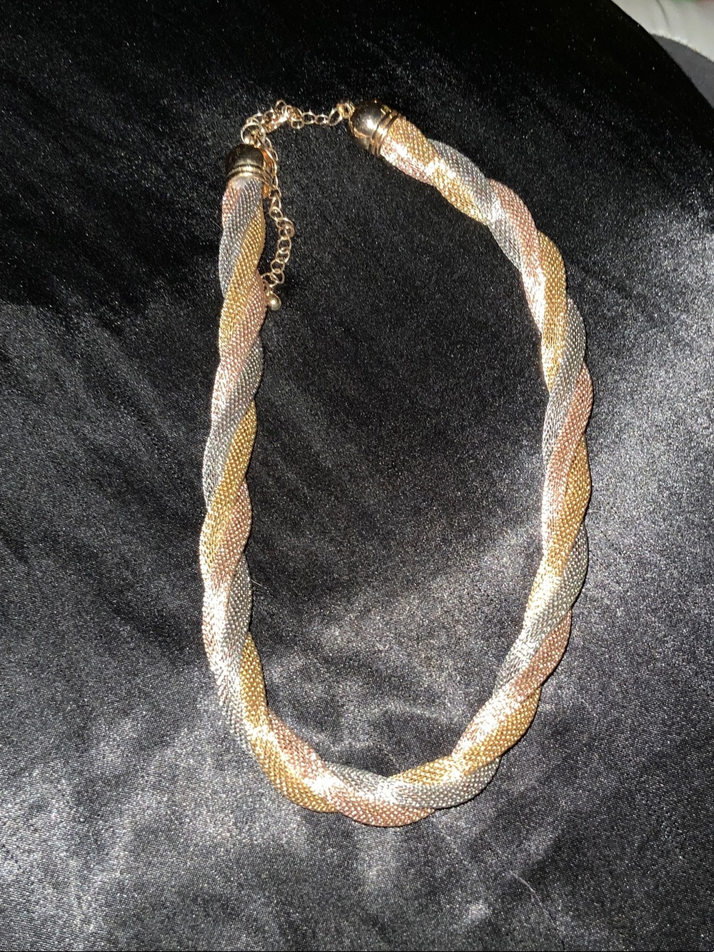 Tri-Color Twisted Mesh Necklace - Gold, Silver, Rose Gold